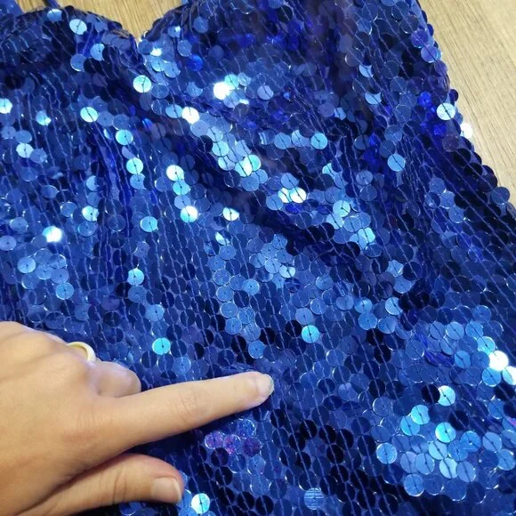 Sz 4 (fits modern size) Early 90s Vintage Niteline Royal Blue Sequin Gown Dress - Picture 4 of 12